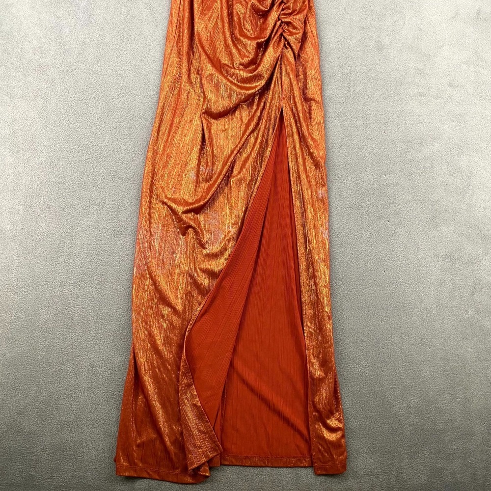 Social Couture Maxi Dress Womens 9/10 Metallic Orange Ruched Wedding Cowl Neck - Picture 6 of 10
